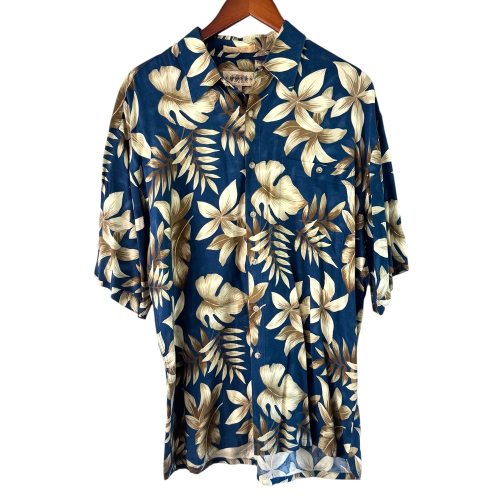 COMODA Floral Hawaiian Shirt Tropical Resort Cruise Button Up Blue Beige L